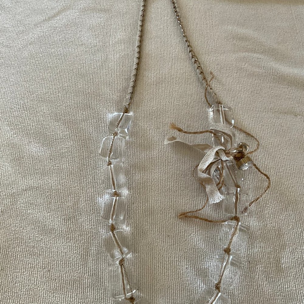Fun Gold Tone Chain, Clear Beads & Khaki Ribbon Necklace